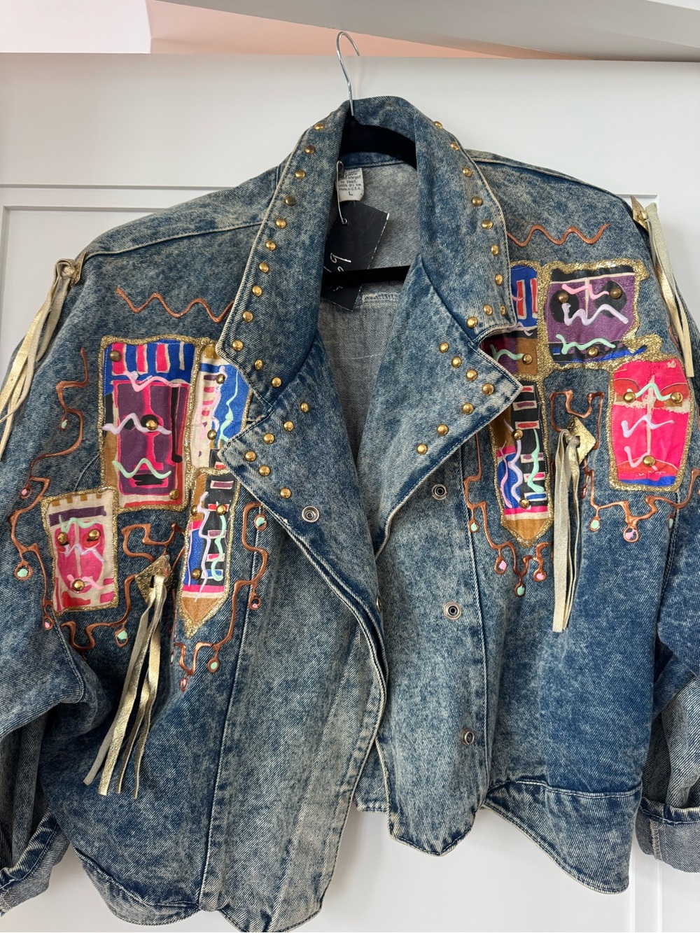 Hand Painted & Embellished Acid-Wash Vintage-Denim Jacket w Gold Studs & Tassels